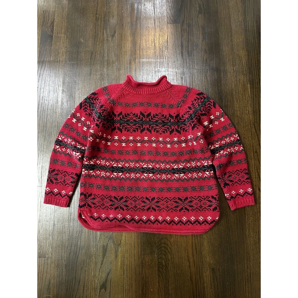 Vintage Eddie Bauer Fair Isle Cotton Roll Neck Knit Sweater Red Women’s Size M